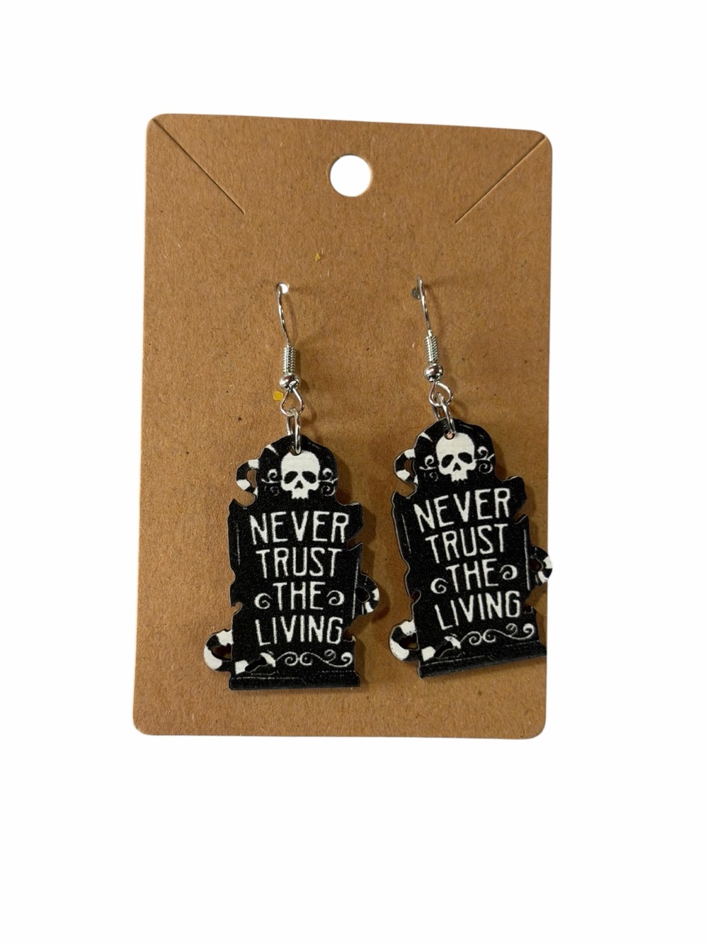 Kids’ Halloween Tombstone Earrings — Black and White "Never Trust the Living"